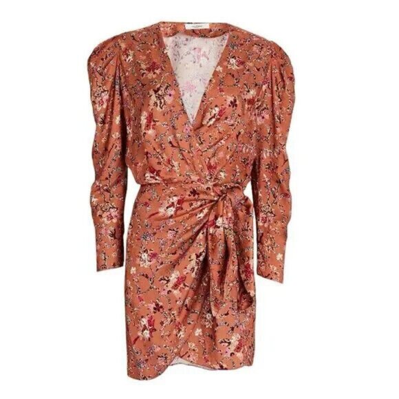 Isabel Marant Étoile Baikal Floral Wrap Mini Dress Robe Puff Sleeve Size 12 NWOT - Picture 1 of 11